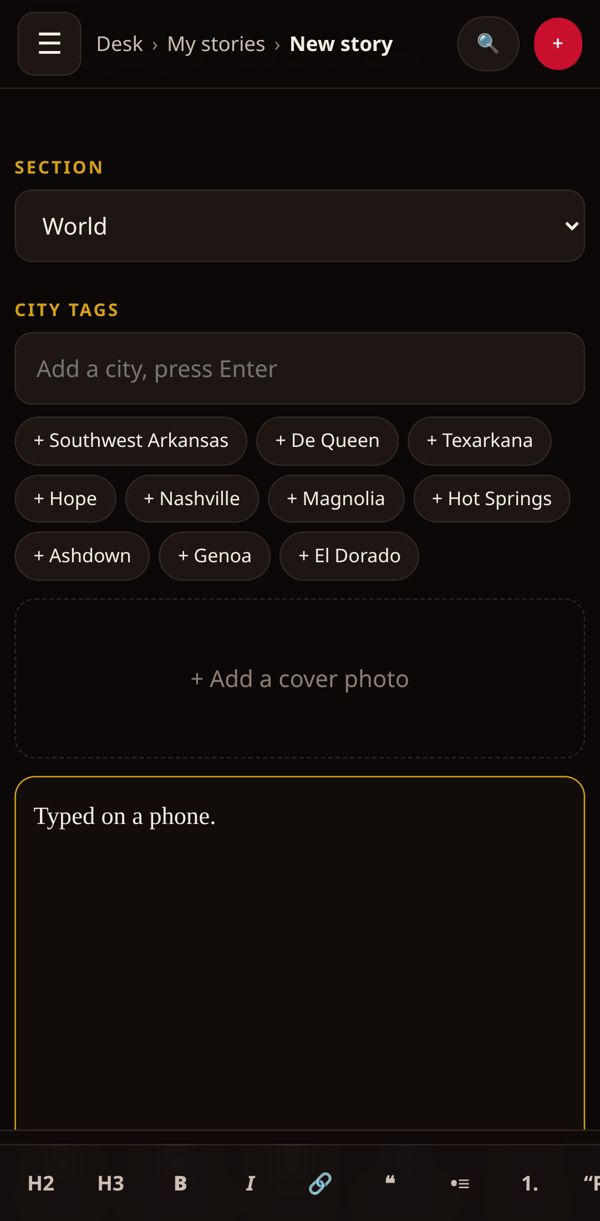 The editor on a phone, formatting bar above the keyboard